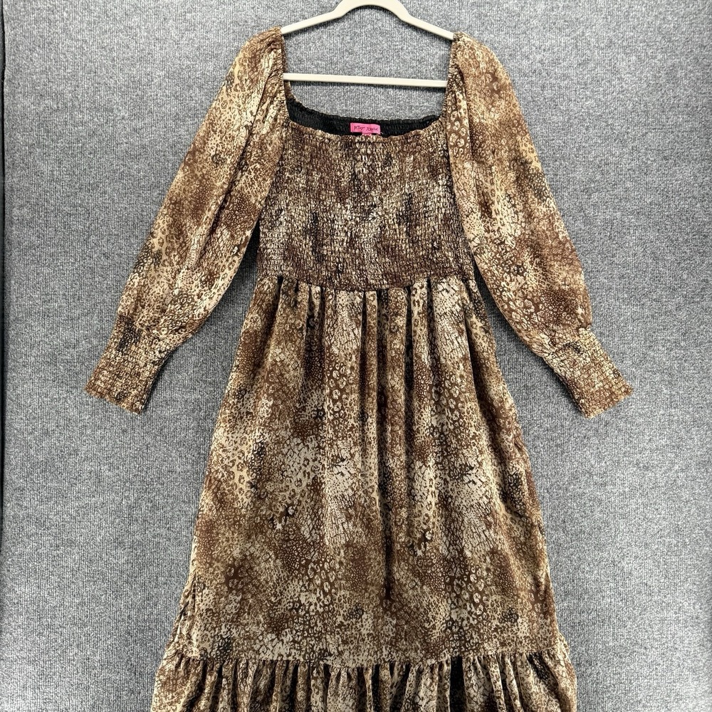 Betsey Johnson Dress Womens L Animal Print Chiffon‎ Tiered Midi Boho Cottagecore
